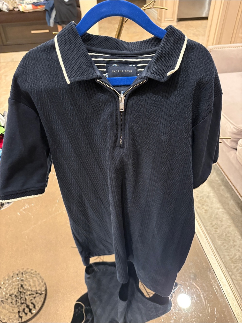Cactus Boys Navy Zip-Up Polo with White Stripe Detail